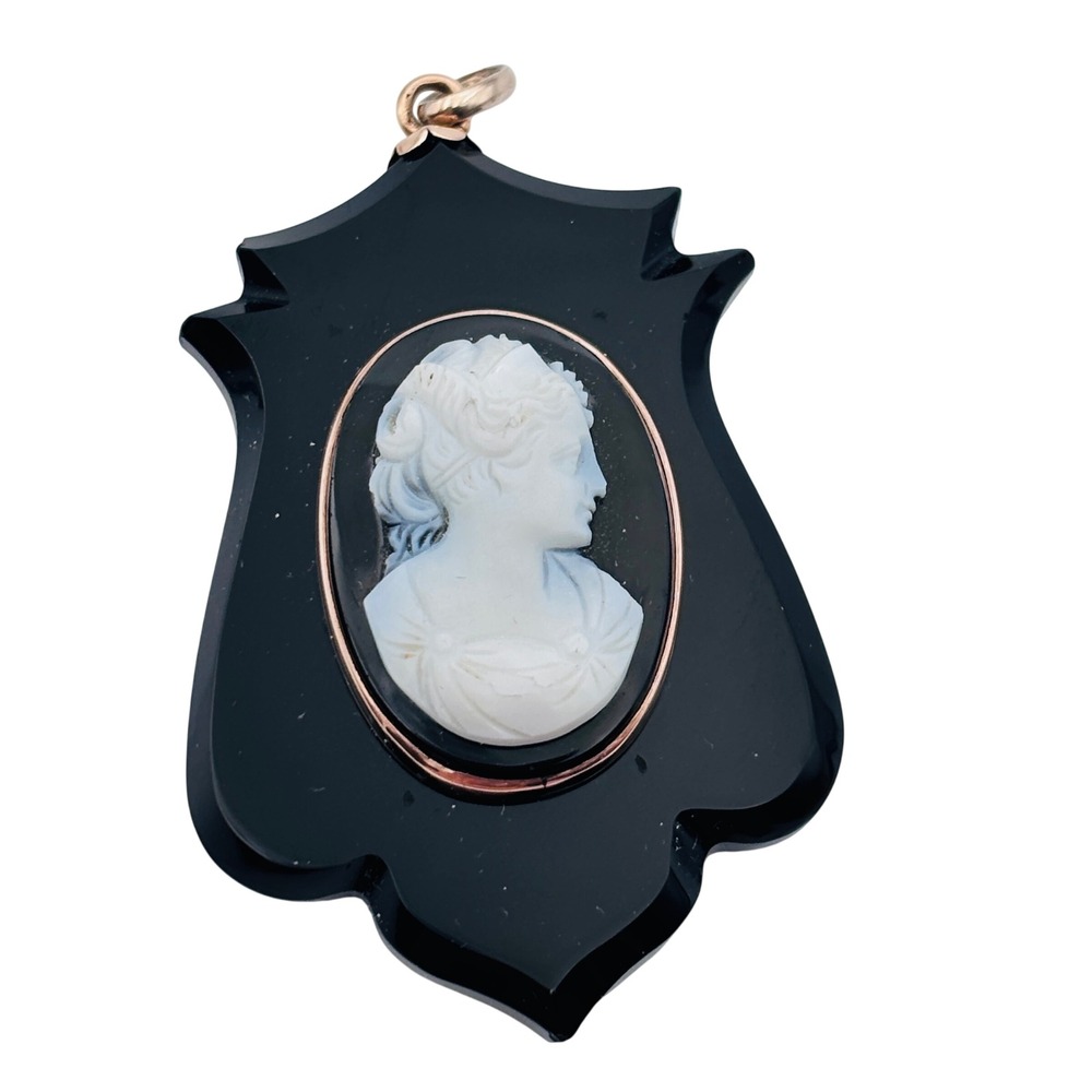 14k Antique Victorian Black Onyx Shell Cameo Mourning hair Locket Shield Pendant